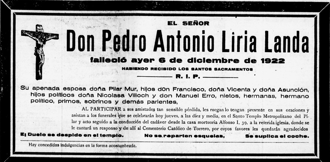 Pedro Antonio Liria Landa, Esquela