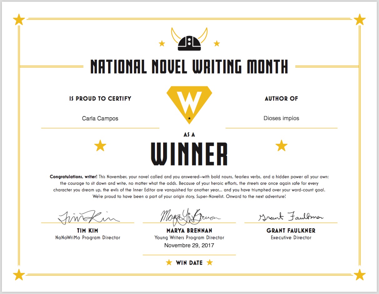 NaNoWriMo Winner 2017  Dioses impíos Carla Campos 