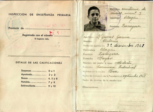 Cartila de escolaridad. 1 hoja