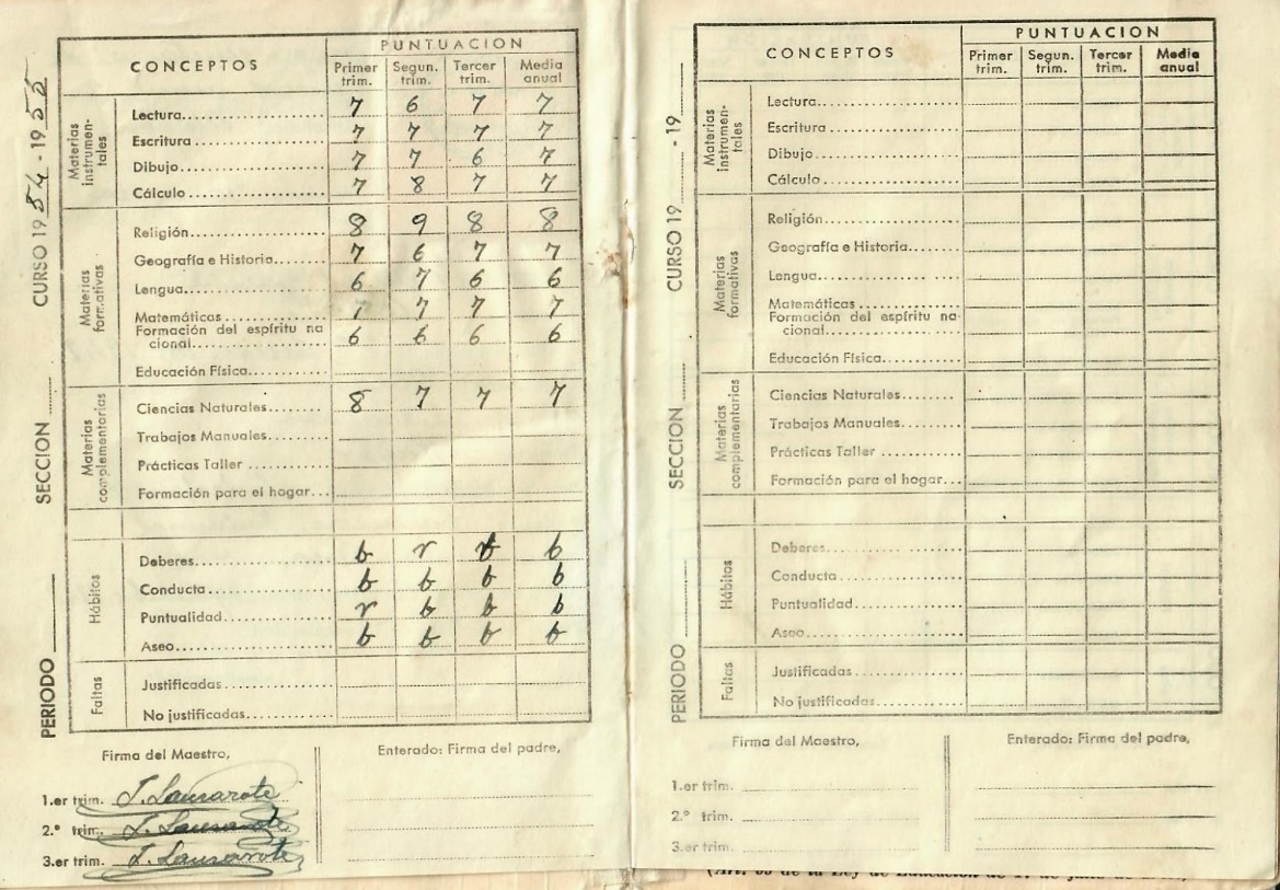 Cartilla de escolaridad. Notas